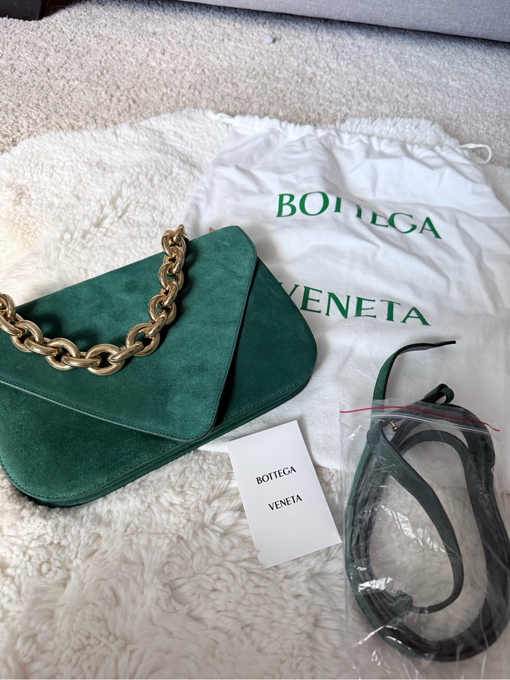NEW Bottega Veneta Mount Green Suede Gold Chain Crossbody Bag
